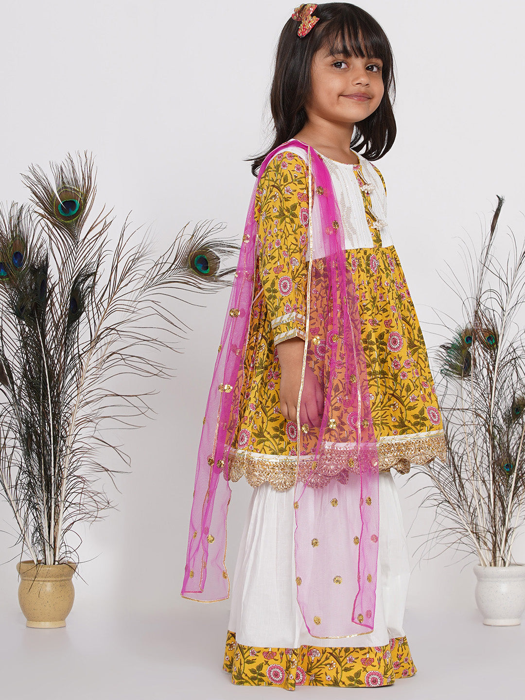 Girls Floral Kurta Frock with Sharara and Dupatta - White & Yellow | SHOBITAM