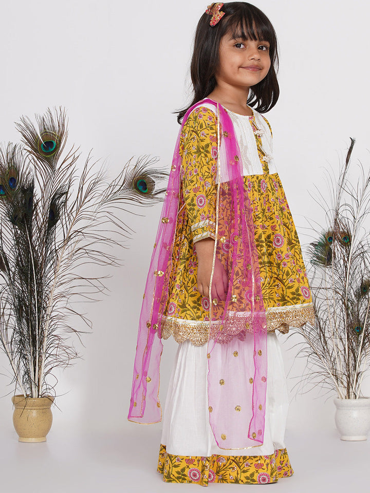 Girls Floral Kurta Frock with Sharara and Dupatta - White & Yellow | SHOBITAM