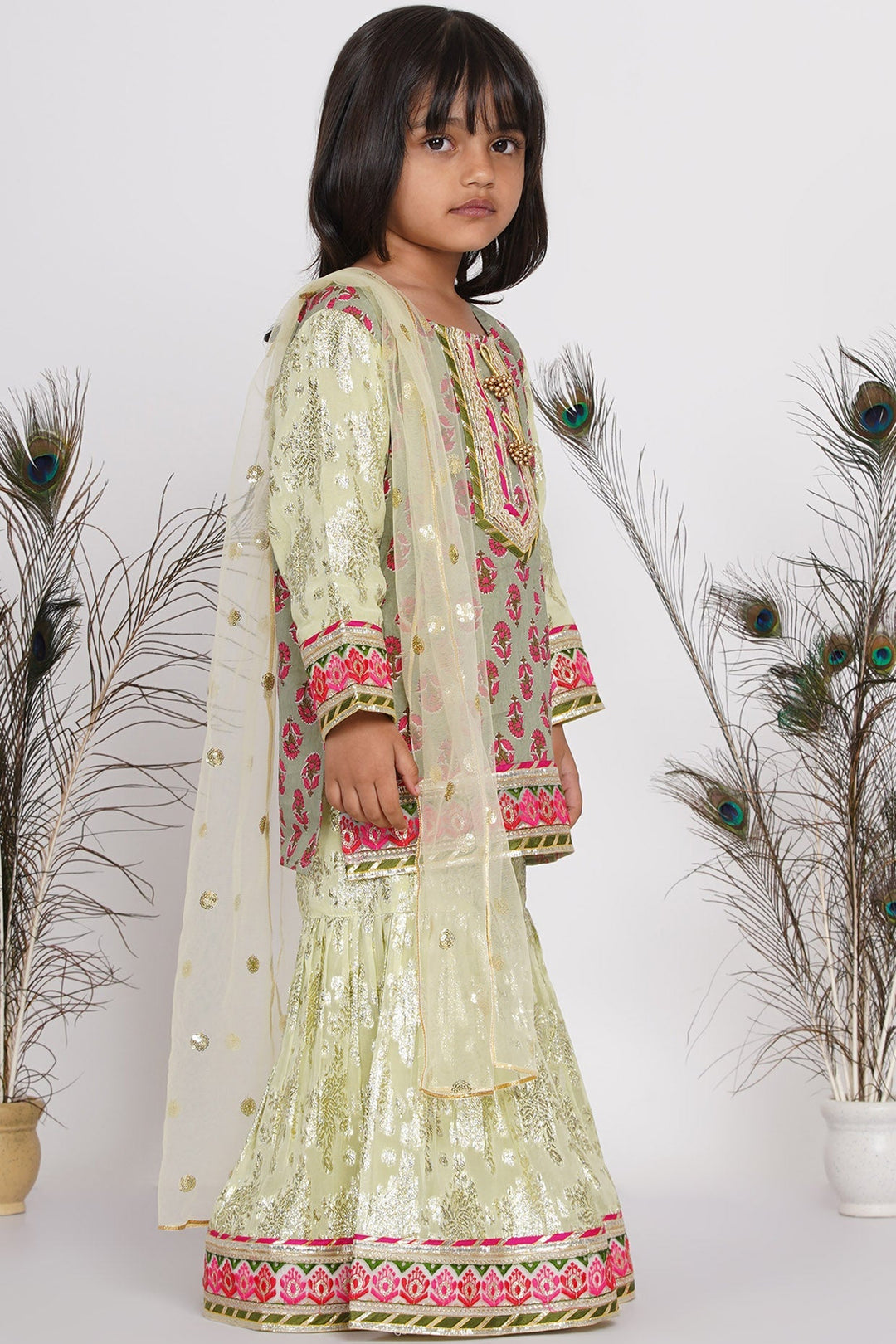 Girl Banarsi Lacework Kurta with Sharara and Dupatta | SHOBITAM