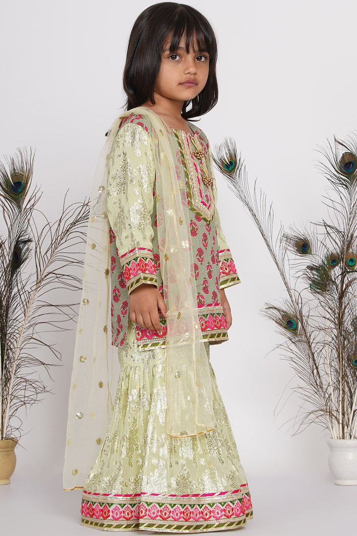 Girl Banarsi Lacework Kurta with Sharara and Dupatta | SHOBITAM