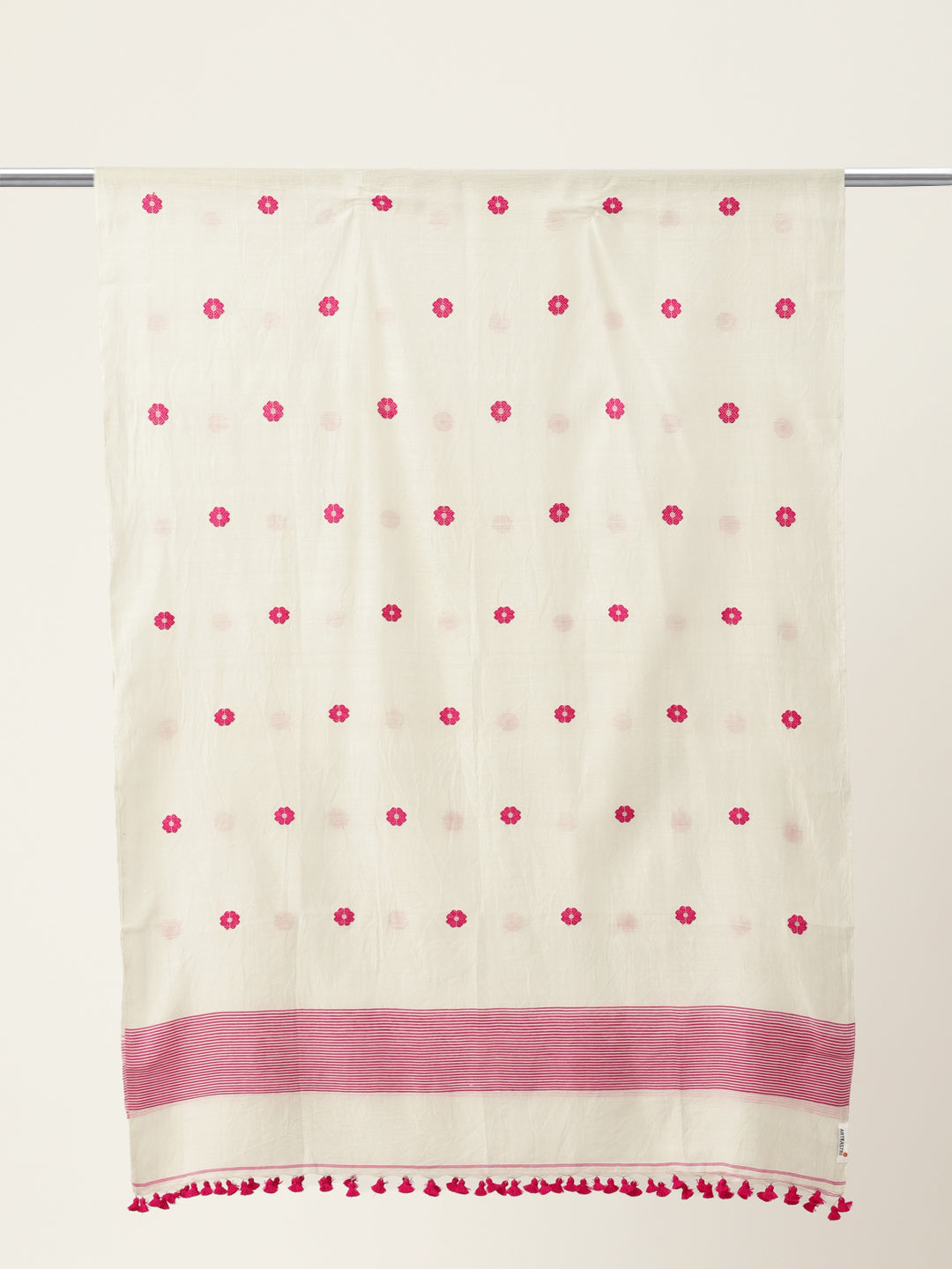 White & Pink Assamese Silk Cotton Handloom Dupatta | SHOBITAM