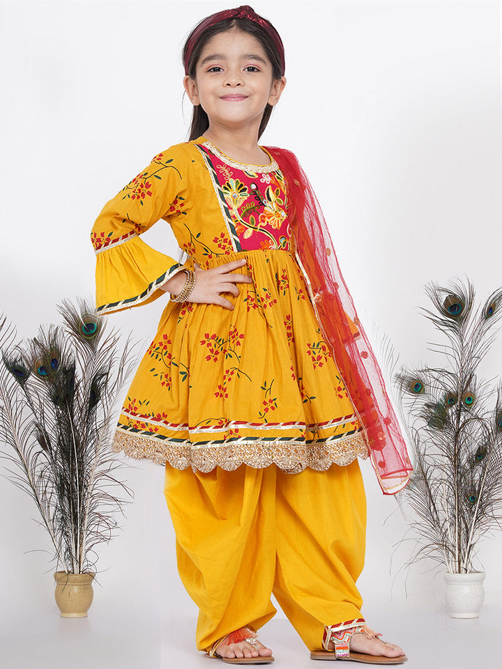 Girls Jaipuri Lacework and patchwork Kurta frock with Salwar and Dupatta | SHOBITAM