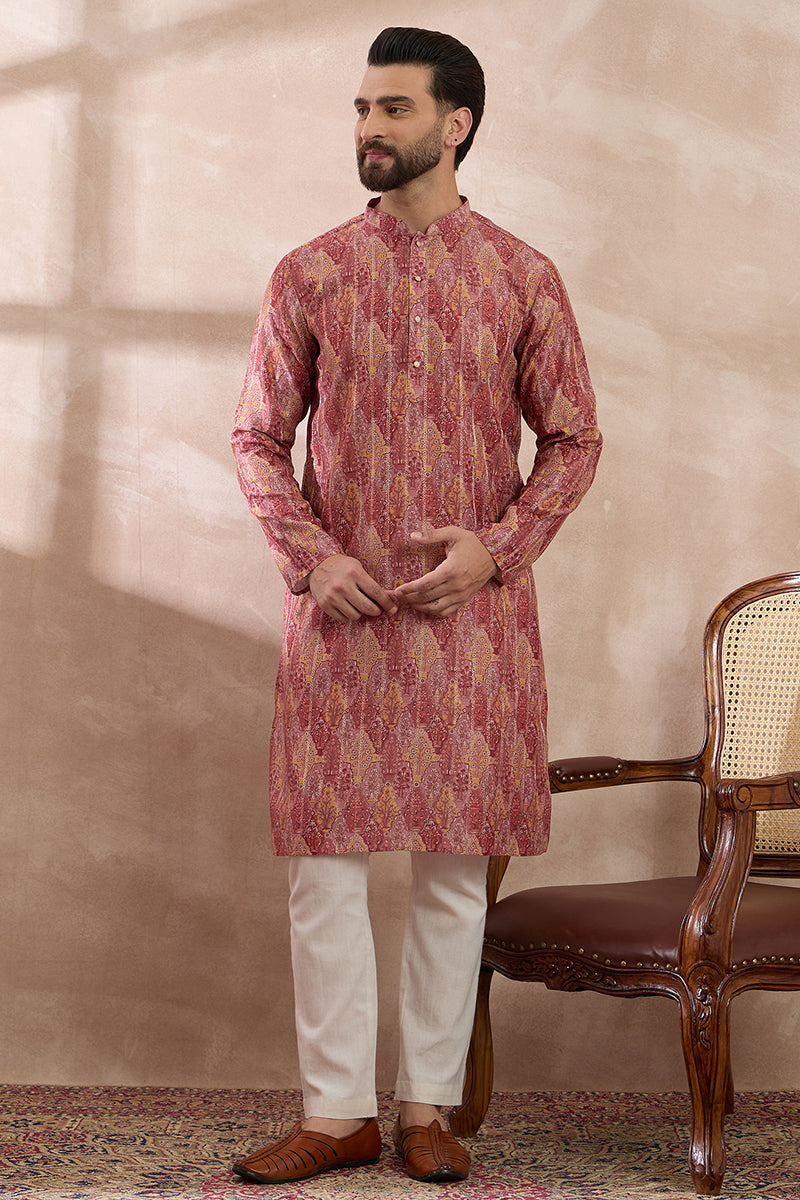 Pink Silk Blend Printed Mandarin Collar Straight Kurta With Trouser | SHOBITAM