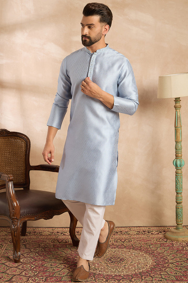 Blue Polyester Solid Embroidered Straight Kurta With Trouser For Men | SHOBITAM