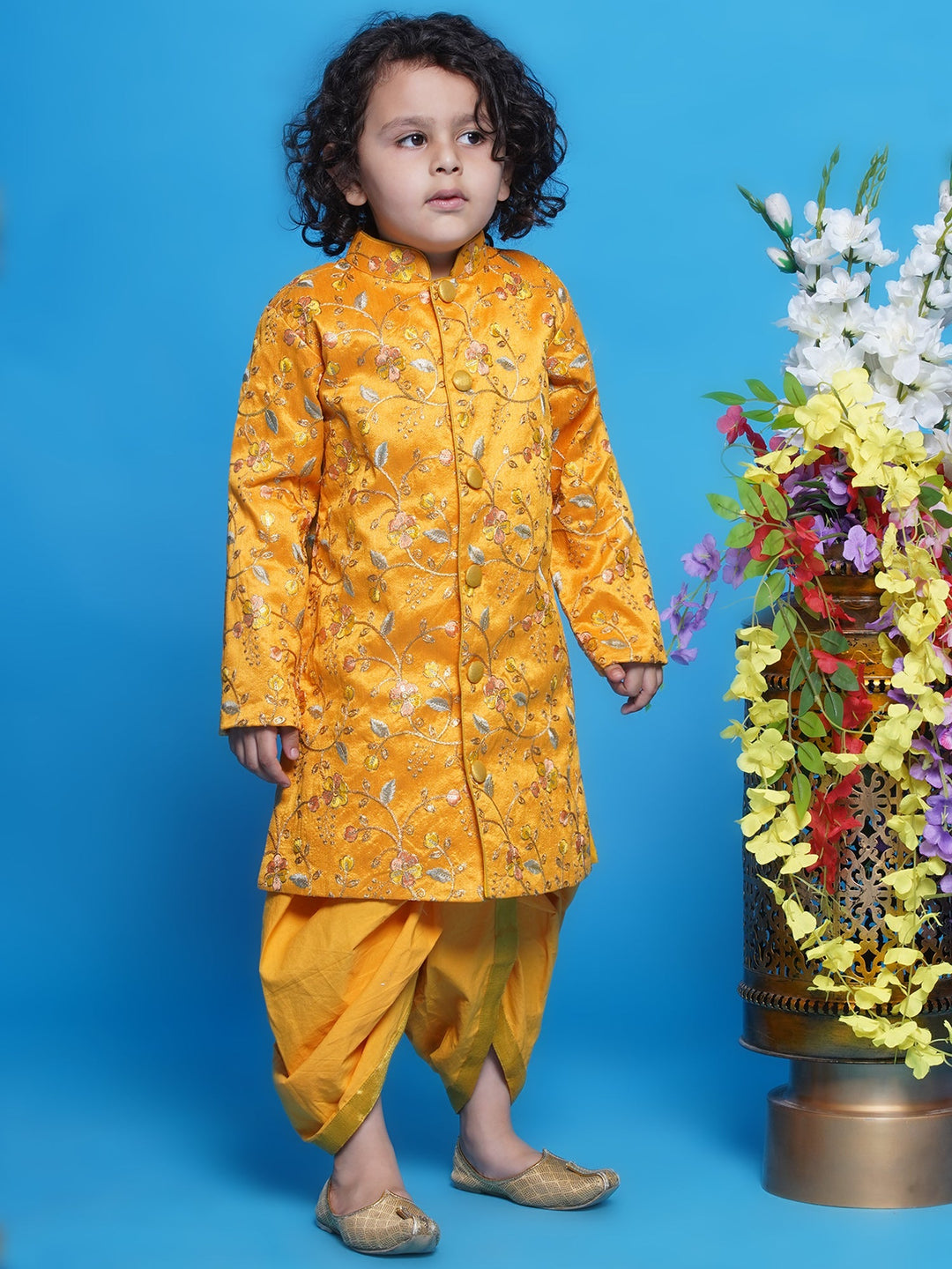 Pretty Floral Sherwani with Dhoti - Haldi Yellow | SHOBITAM