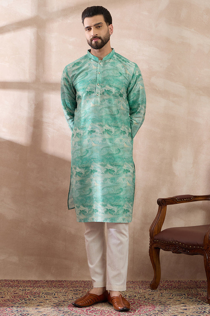Green Silk Blend Printed Mandarin Collar Straight Kurta With Trouser | SHOBITAM