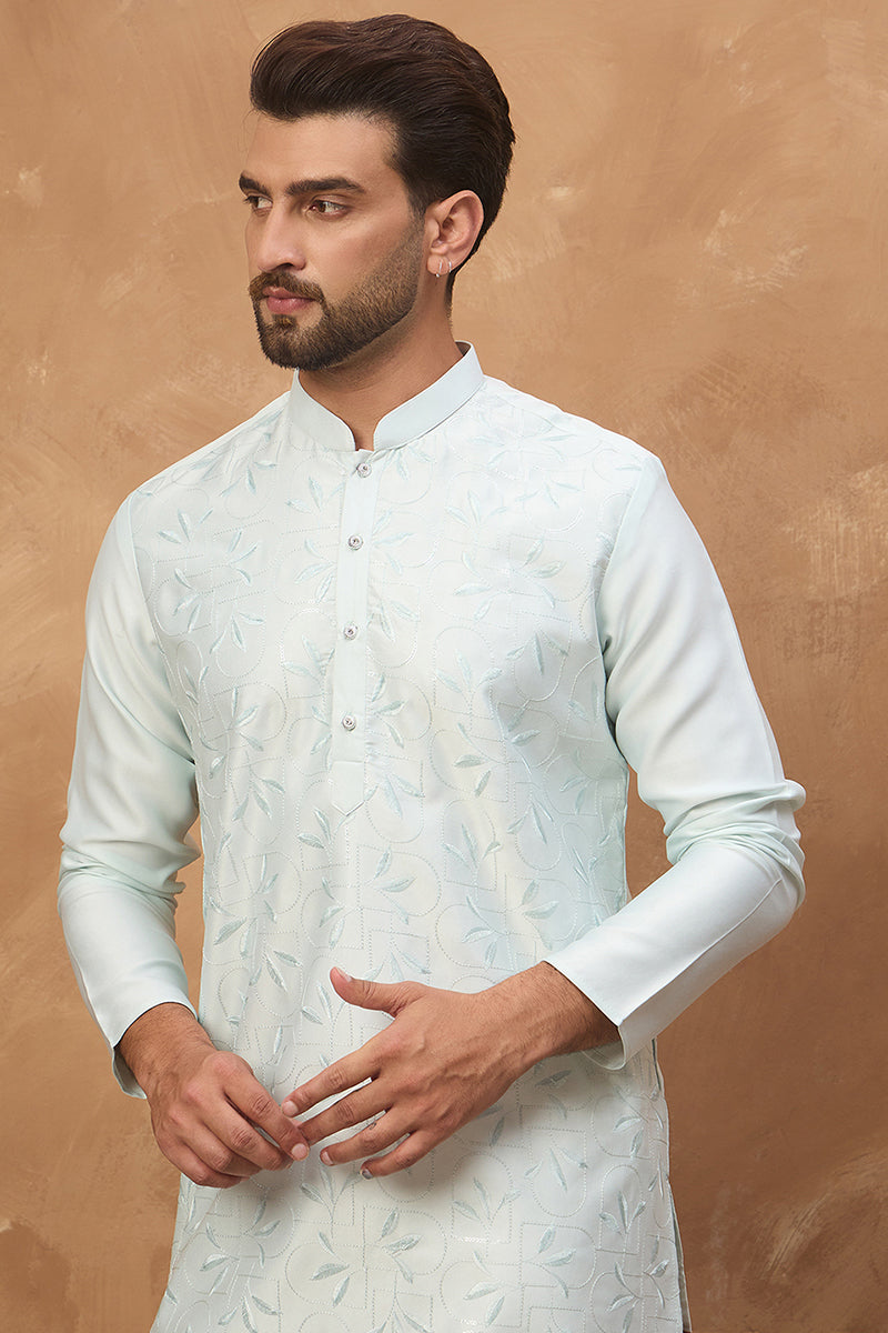 Blue Silk Blend Solid Embroidered Straight Kurta | SHOBITAM