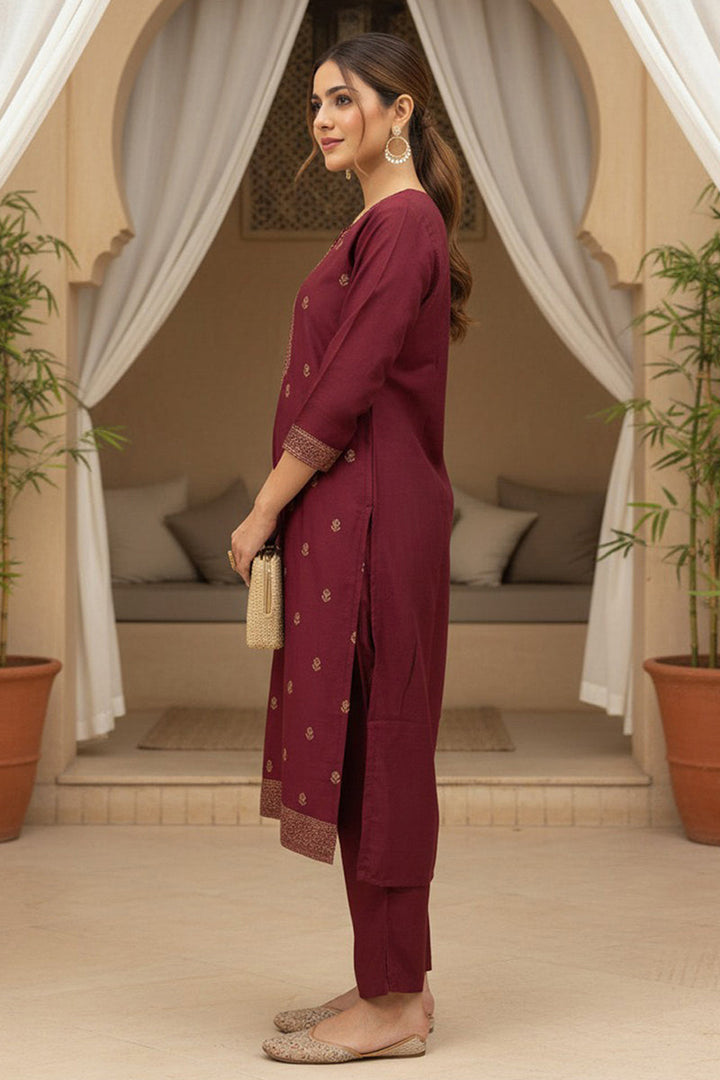 Maroon Silk Blend Ethnic Motifs Stoning Straight Kurta Trouser with Dupatta | SHOBITAM