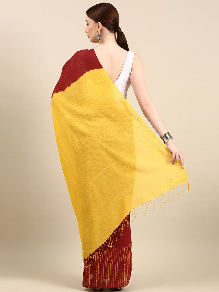 Maroon Hand Woven Shibori Cotton Saree With Yellow Pallu