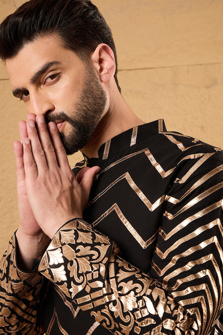Black Georgette Solid Embroidered Straight Kurta with Trouser  | SHOBITAM