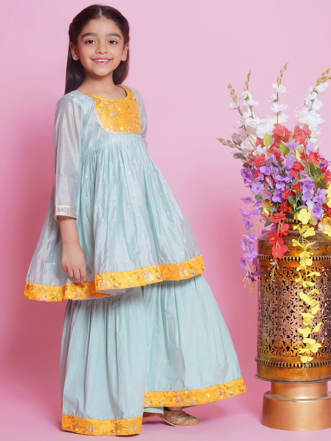 Girls Chanderi Semi-Silk Sleeveless Floral Embrodiery Kurta Frock with Sharara and Dupatta - Dolphin Green | SHOBITAM