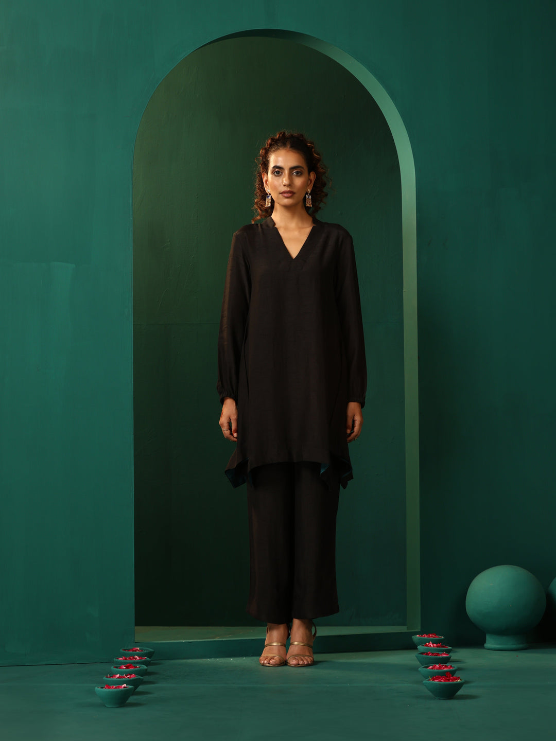 Black Silk Collar Co-ord Set  | SHOBITAM