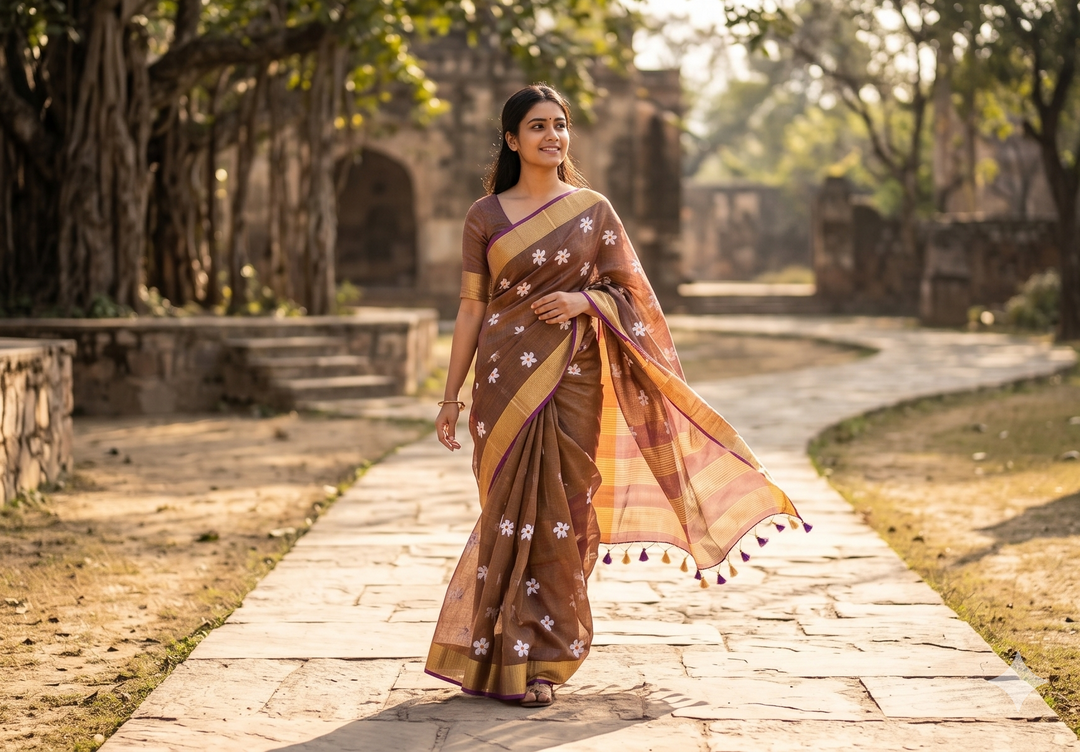 Parijaat Flower Embroidery Tissue Linen Saree in Purple | Shobitam saree