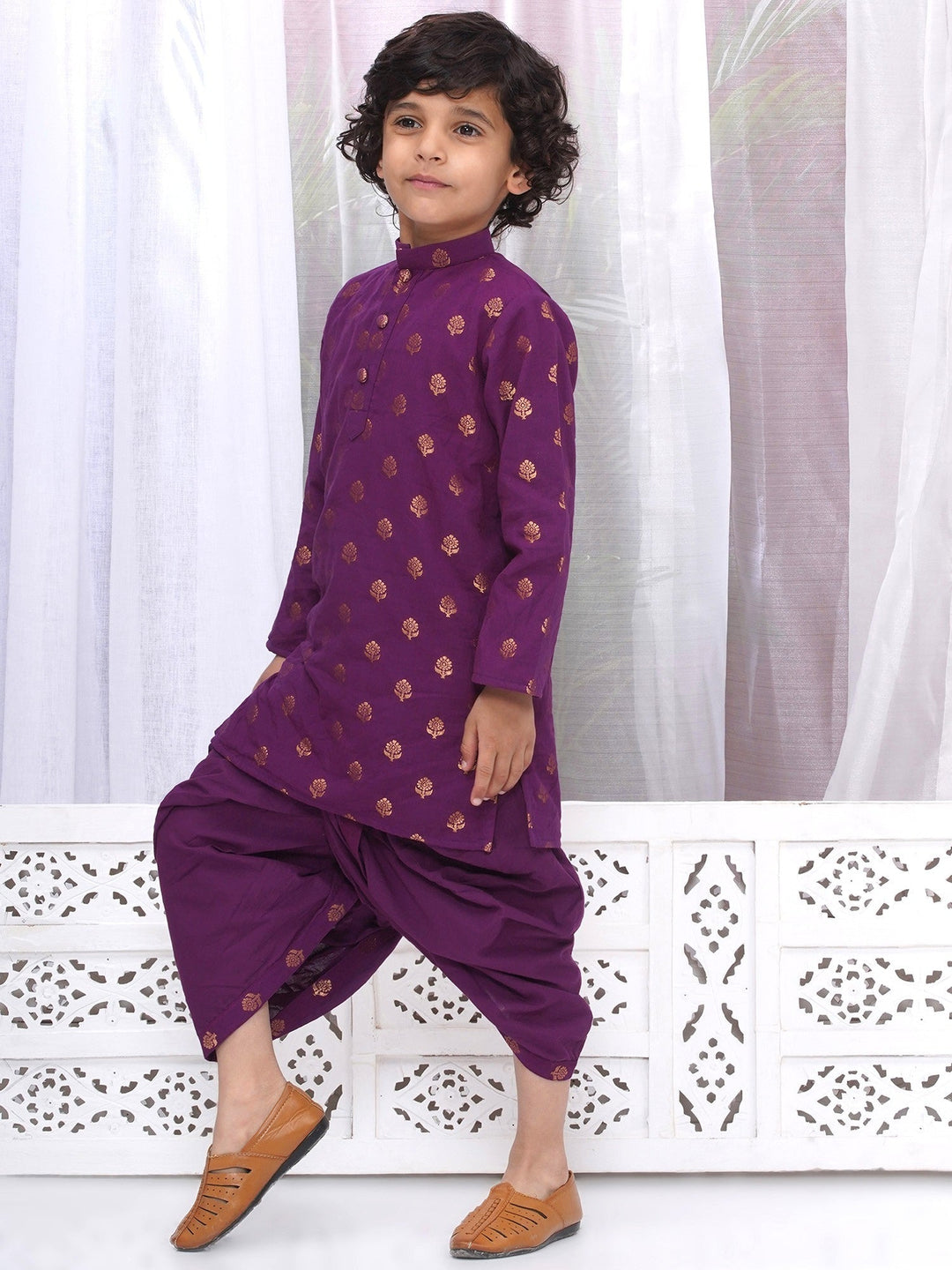 Boys Cotton Full Sleeves Kurta and Dhoti with Golden Floral Zari Work- Purple | SHOBITAM