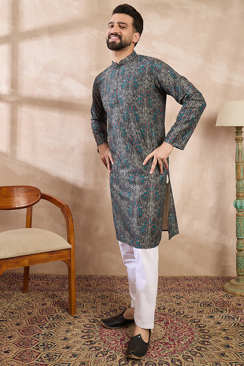 Black Silk Blend Floral Printed Straight Kurta With Trouser | SHOBITAM