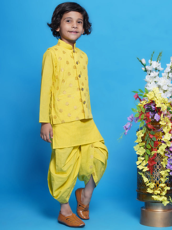 Cotton Sleevelees Golden Floral Embrodiery Nehru Jacket with Kurta and Dhoti - Kaccha Yellow | SHOBITAM