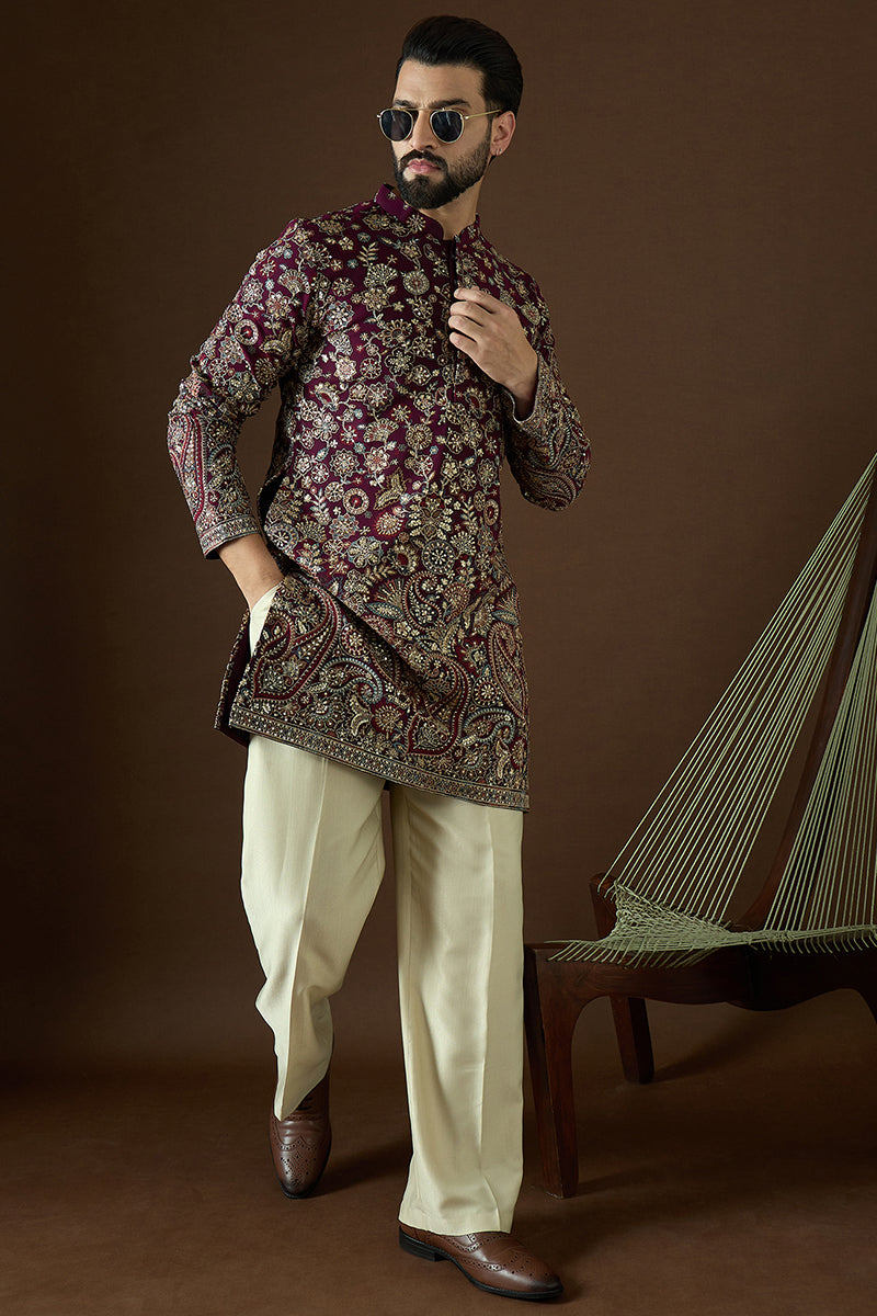 Wine Georgette Solid Embroidered Straight Kurta | SHOBITAM