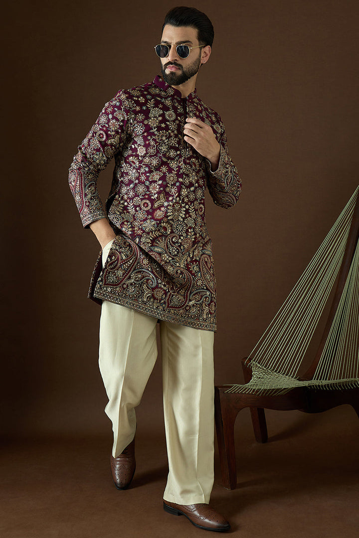 Wine Georgette Solid Embroidered Straight Kurta | SHOBITAM