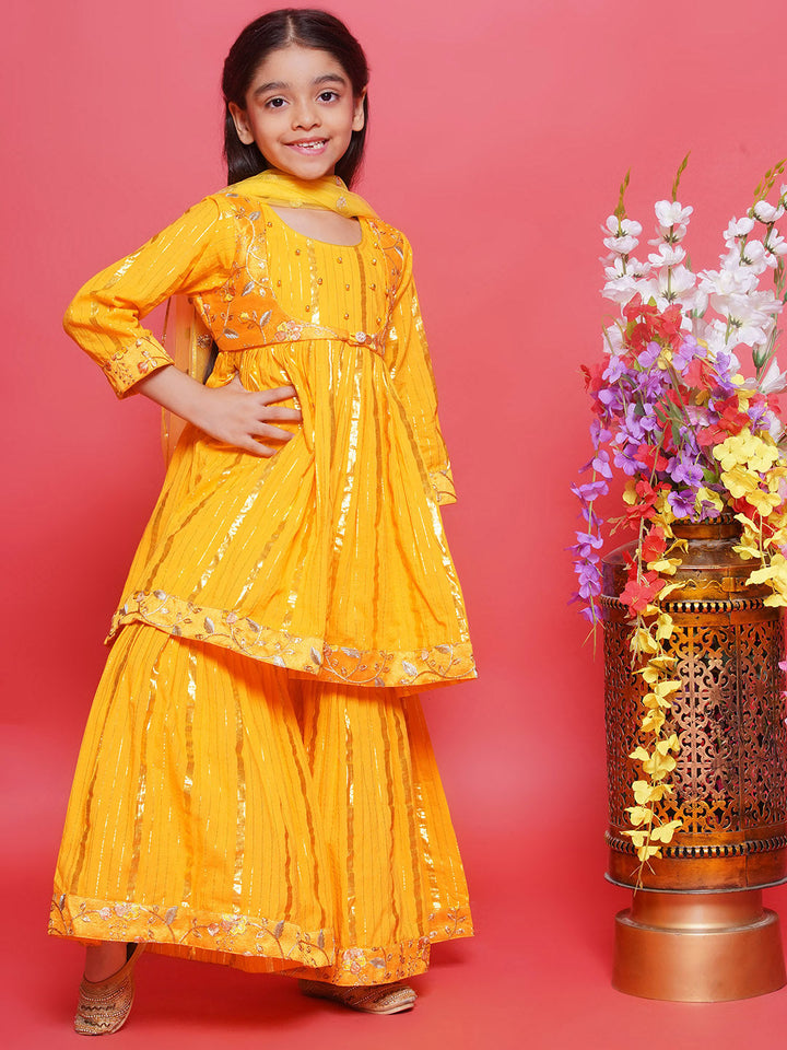 Cotton Three Fourth Sleeves Floral Embroidery Kurta Sharara with Jacket and Dupatta - Haldi Yellow | SHOBITAM