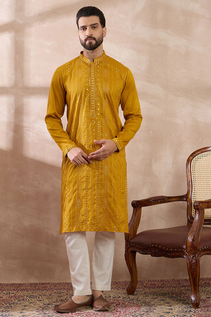 Mustard Silk Blend Embroidered Mandarin Collar Straight Kurta For Men | SHOBITAM