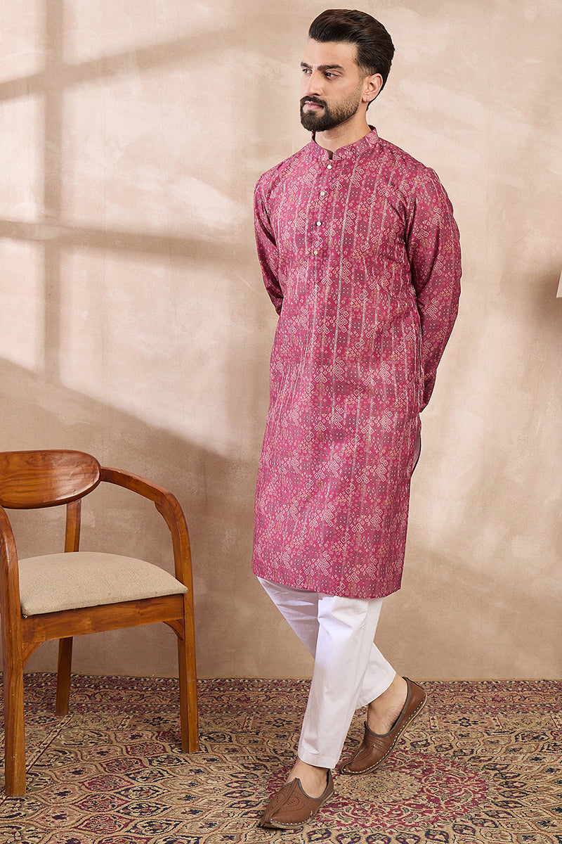 Pink Silk Blend Ethnic Motifs Printed Straight Kurta For Men | SHOBITAM