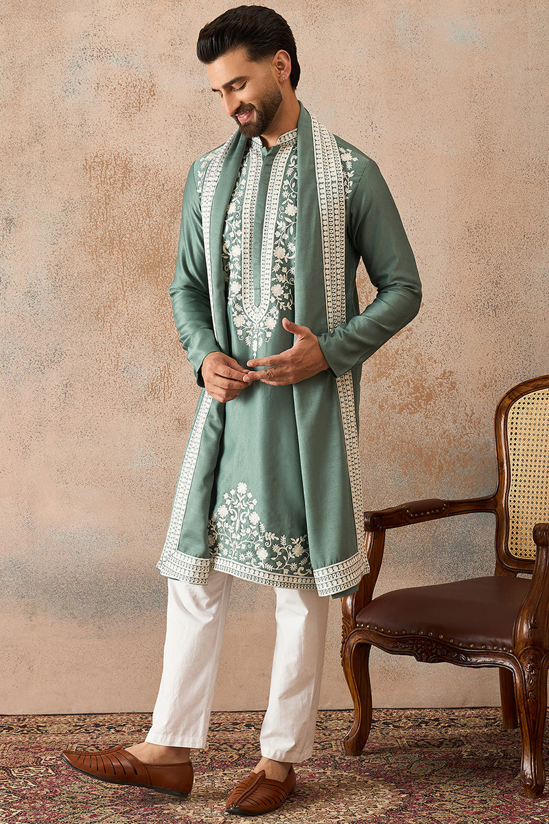 Mens Green Silk Blend Solid Embroidered Kurta Trouser With Dupatta | SHOBITAM