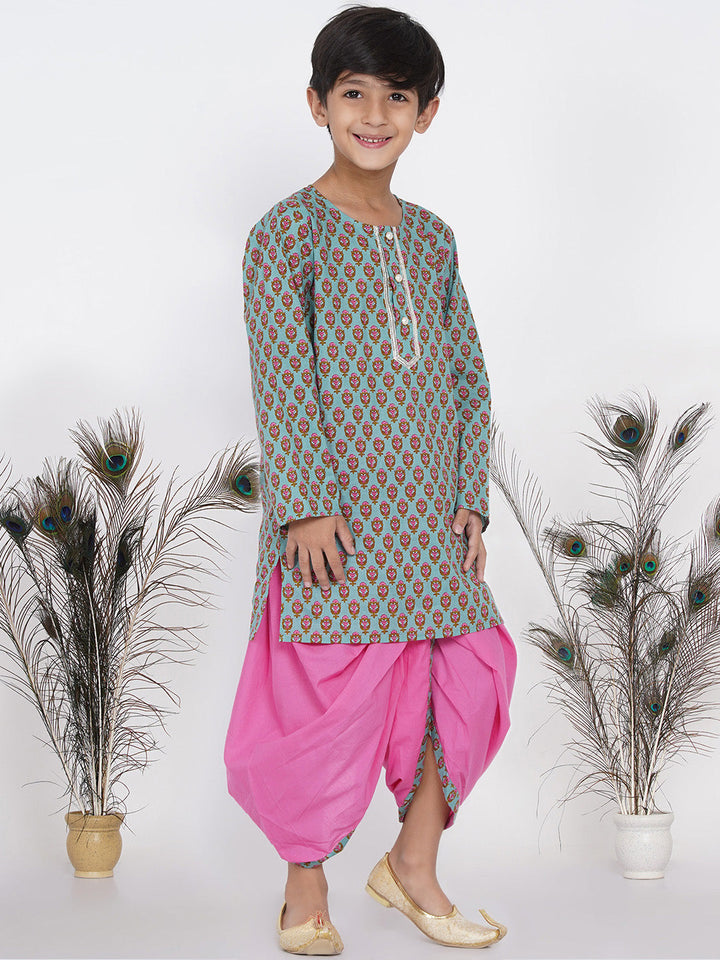 Boys Floral Kurta with Pearl Buttons and Dhoti in Blue and Pink  | SHOBITAM