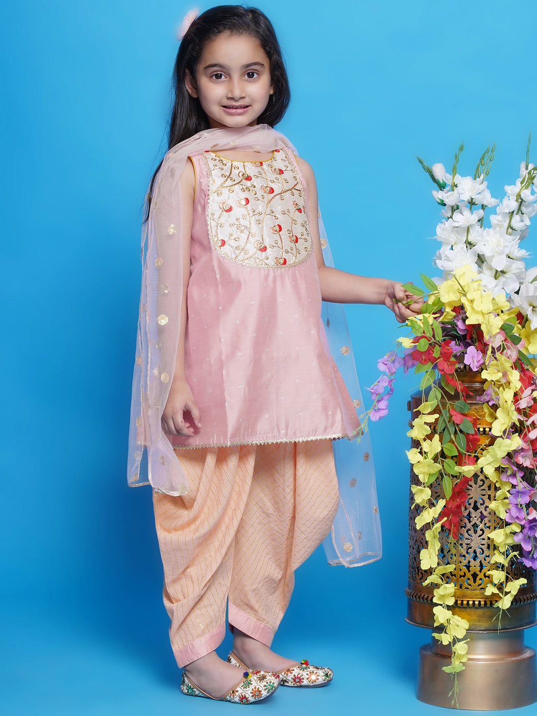 Chanderi Silk Tulip Kurta with Dhoti Salwar & Dupatta - Peachish Pink | SHOBITAM