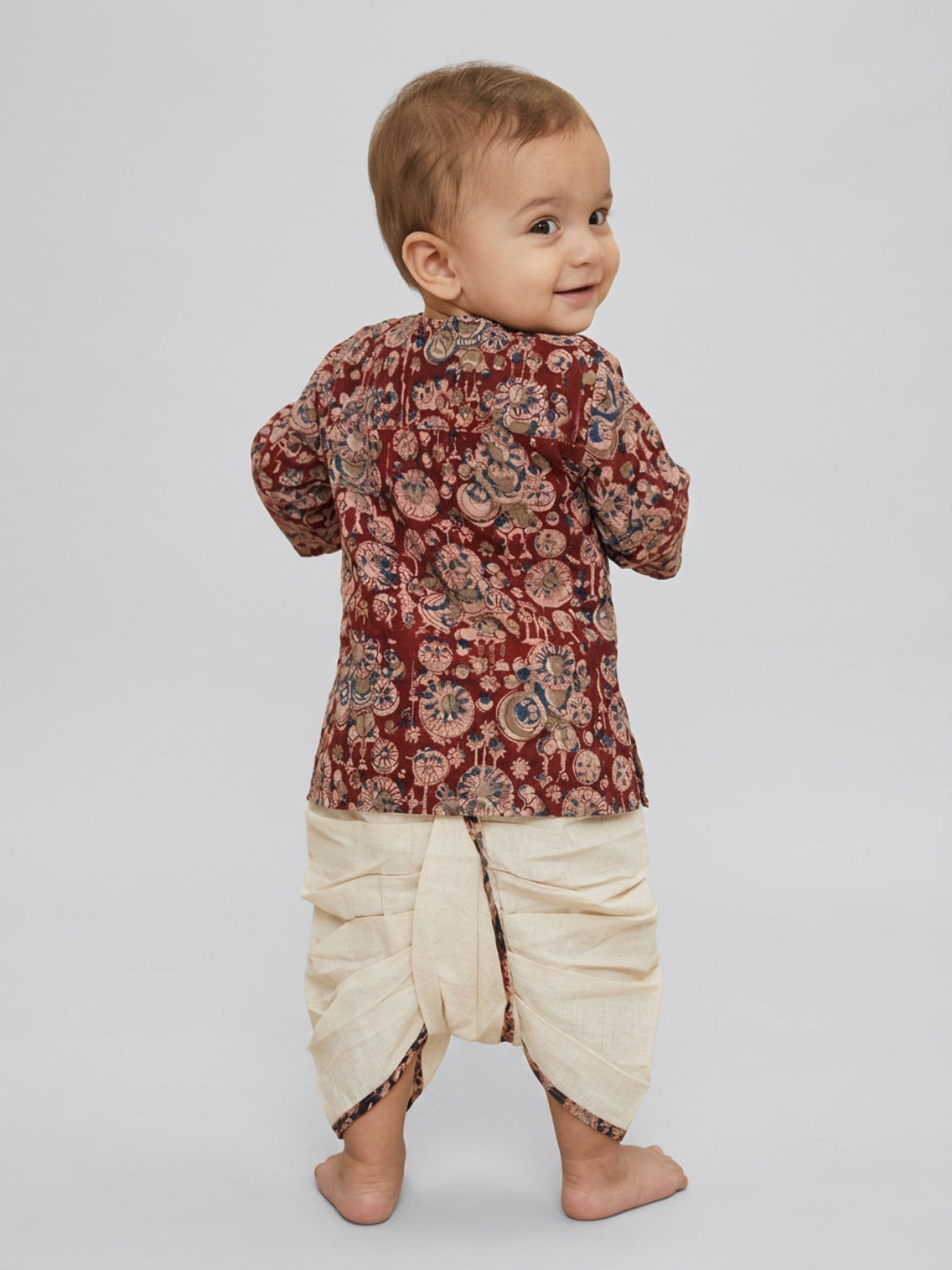 Boys Maroon Floral Printed Cotton Angrakha Style Dhoti Set | SHOBITAM