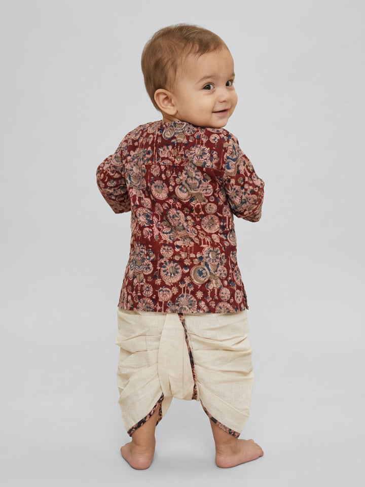 Boys Maroon Floral Printed Cotton Angrakha Style Dhoti Set | SHOBITAM