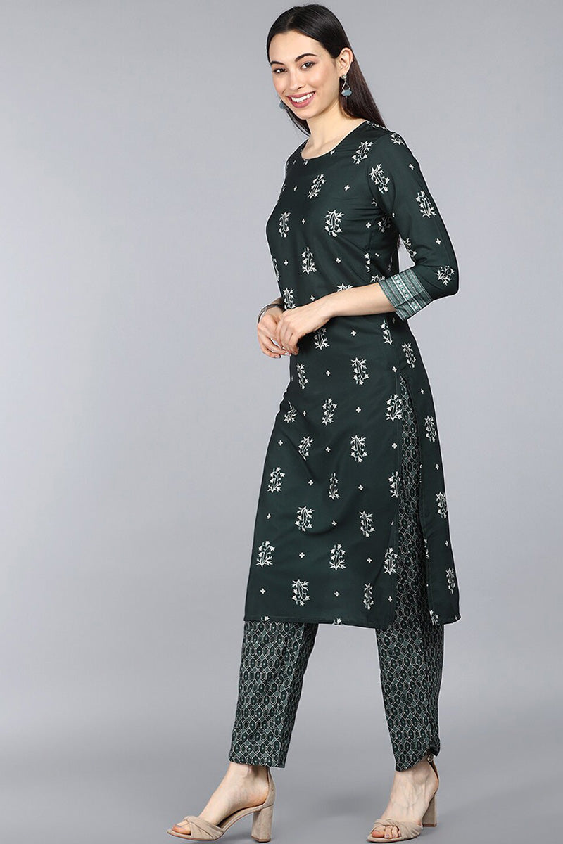 Dark Green Poly Crepe Floral Printed Straight Suit Set | SHOBITAM