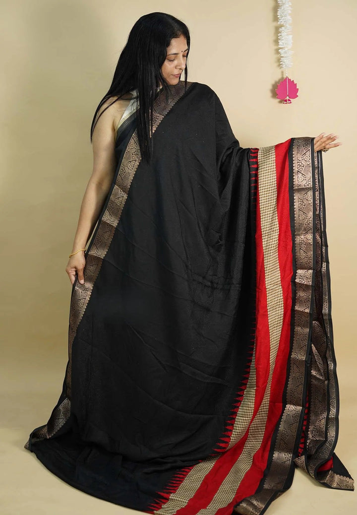 Black art silk Full body self design prints with multi border | SHOBITAM