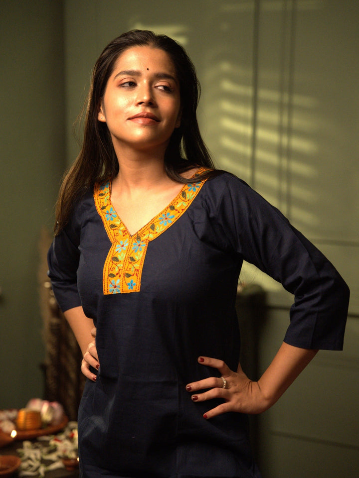 Dark Blue Kantha Cotton Kurta | SHOBITAM