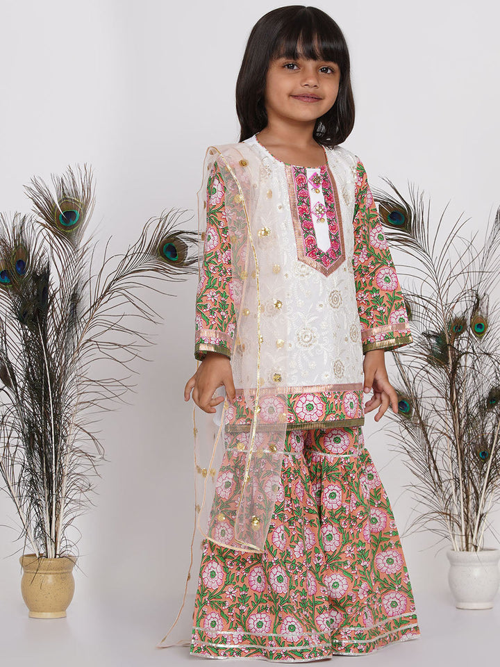 Girls Floral Embroidery Kurta with Floral Sharara & Dupatta- Orange Pink & White | SHOBITAM