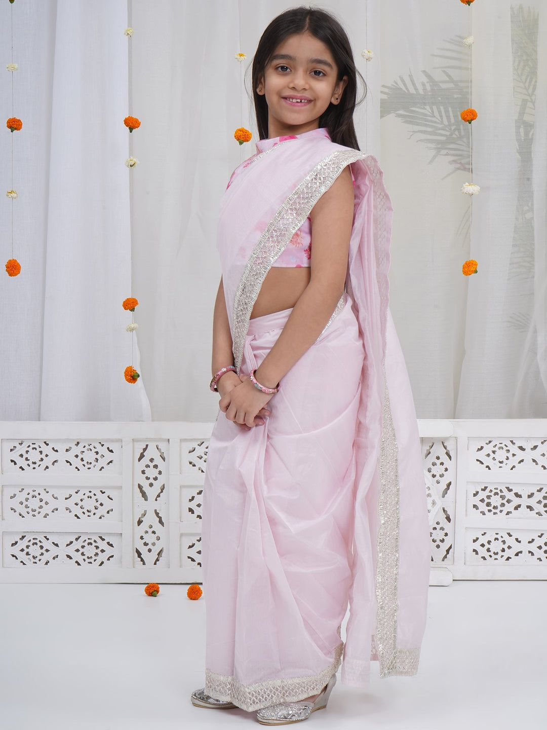Girls Baby Pink Muslin Flamingo Blouse with Chanderi Semi-Silk Ready to wear Saree | SHOBITAM