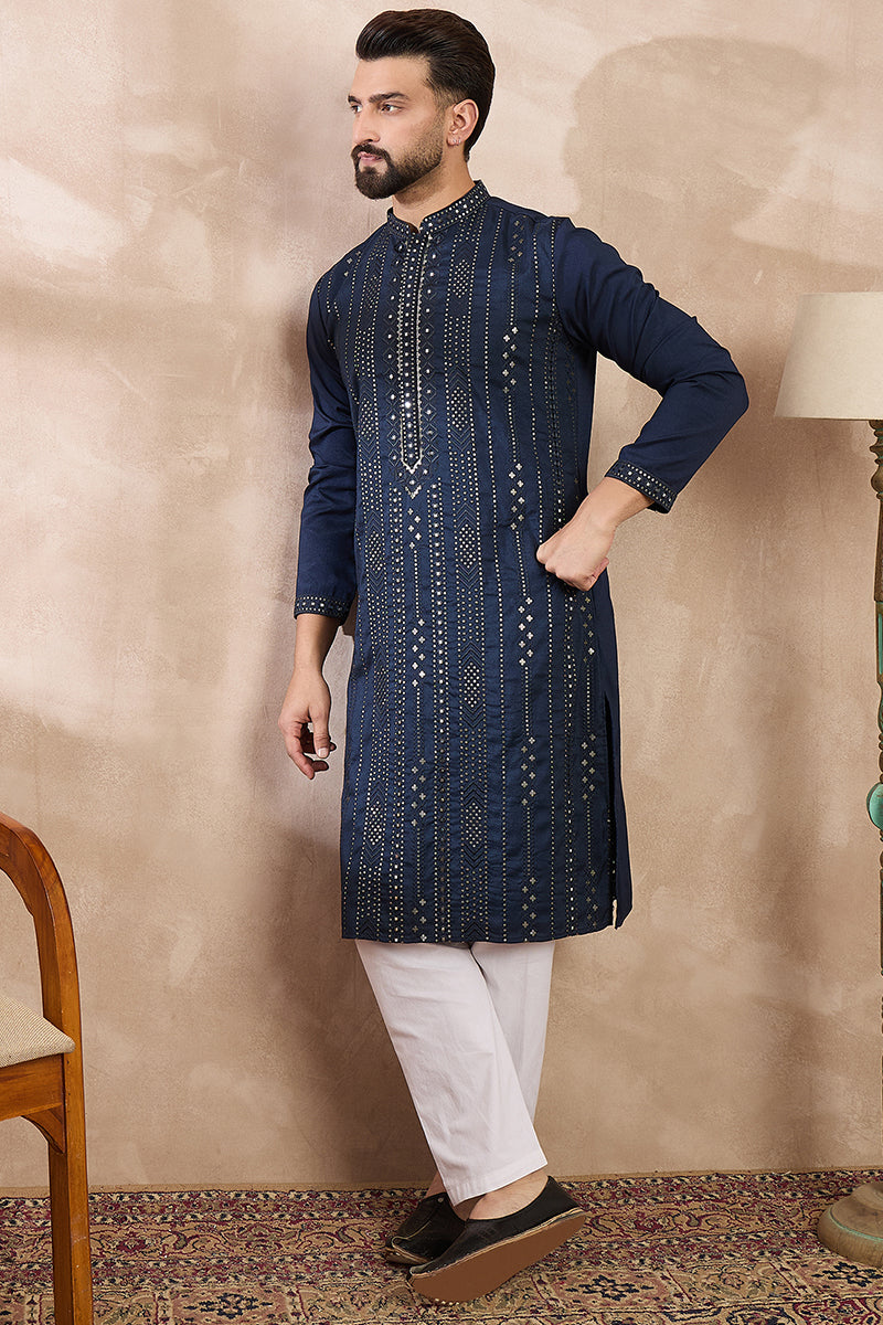 Blue Silk Blend Geometric Embroidered Straight Kurta With Trouser | SHOBITAM