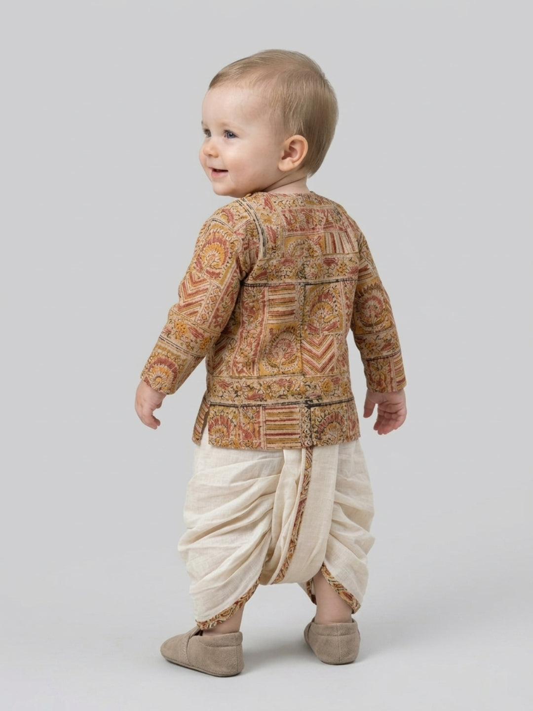 Boys Beige Ethnic Printed Cotton Angrakha Style Dhoti Set | SHOBITAM