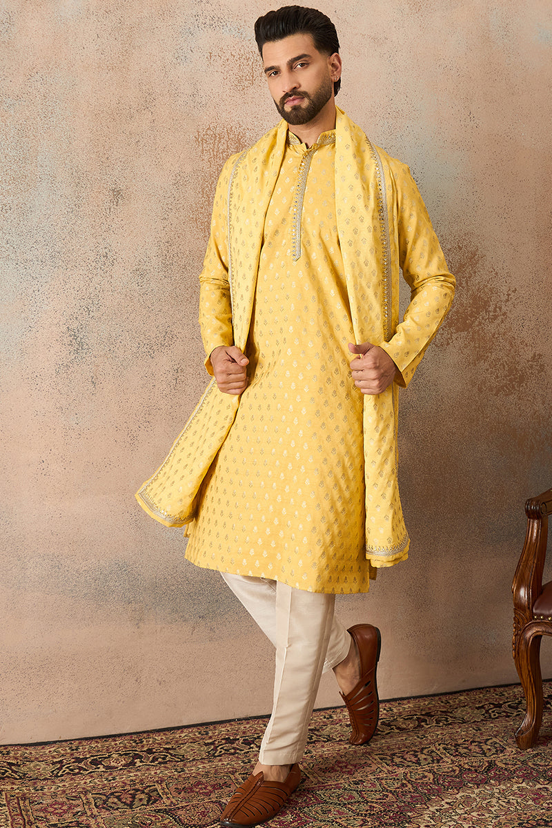 Men Yellow Jacquard Woven Design Floral Straight Kurta Sets | SHOBITAM