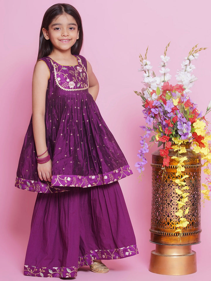 Girls Chanderi Semi- Silk Sleeveless Floral Embrodiery Kurta Frock with Sharara and Dupatta -Rayon Purple | SHOBITAM