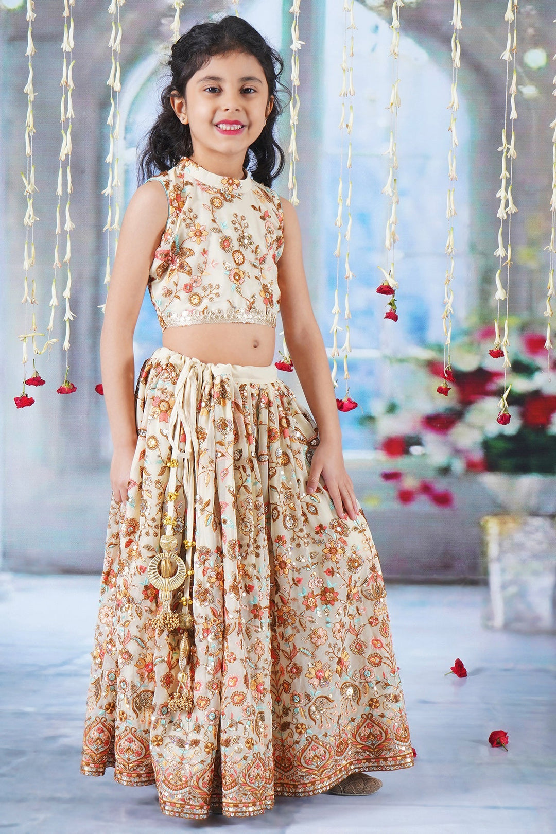 Girls Floral Embrodiery Lehenga with Blouse and Lacework Dupatta | SHOBITAM