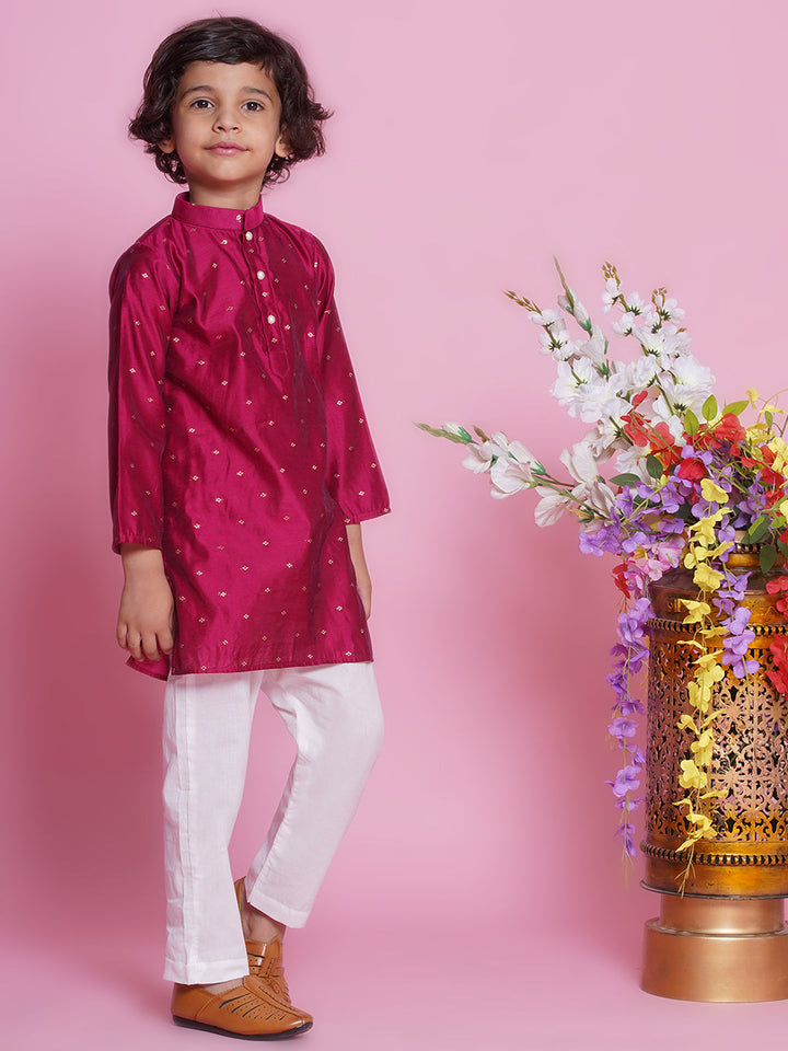 Cotton Silk Full Sleeves Zari Embroidered Kurta with Pyjama - Hot Pink | SHOBITAM