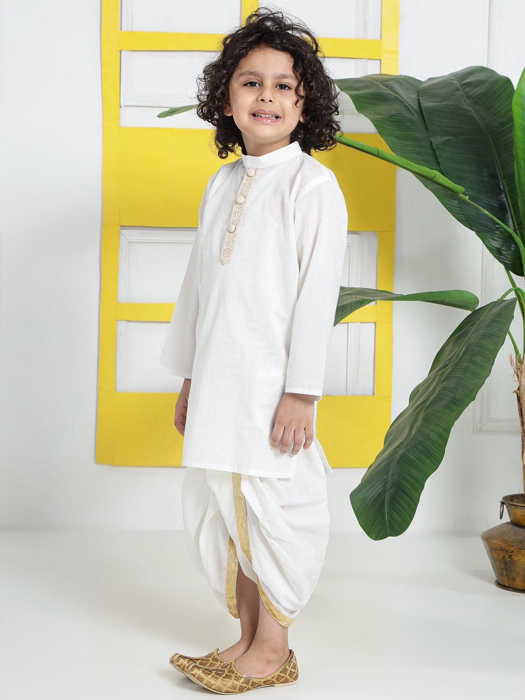 Cream Minimal Zari Embroidery Cotton Kurta Dhoti set | SHOBITAM