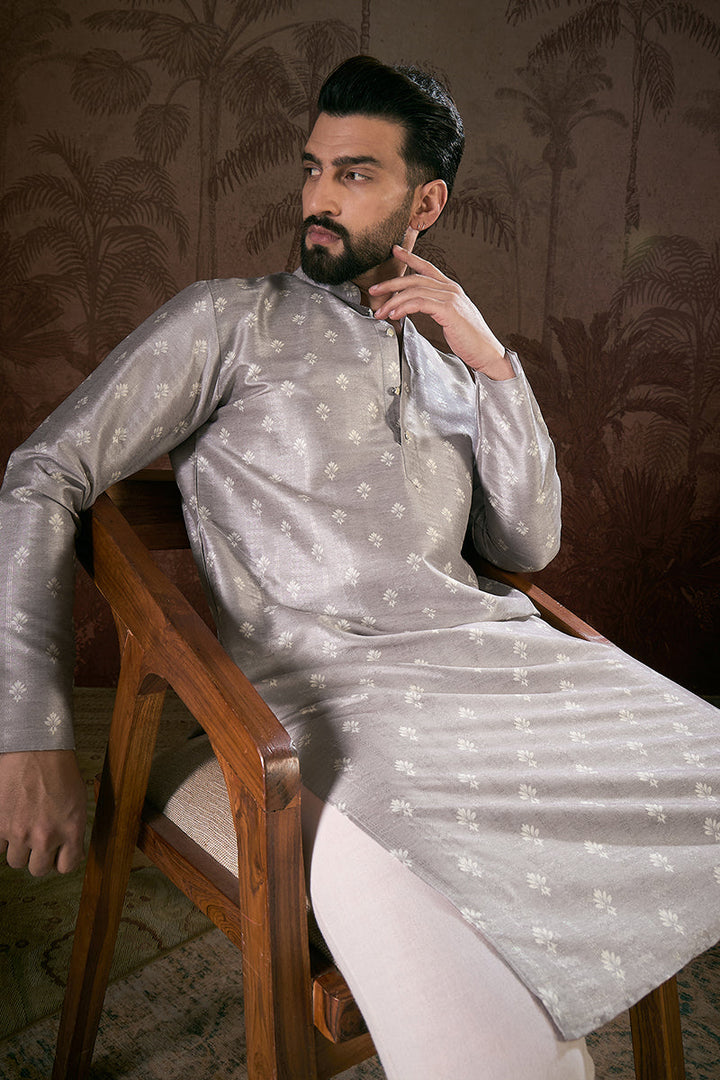Grey Silk Blend Floral Printed Straight Kurta For Men | SHOBITAM