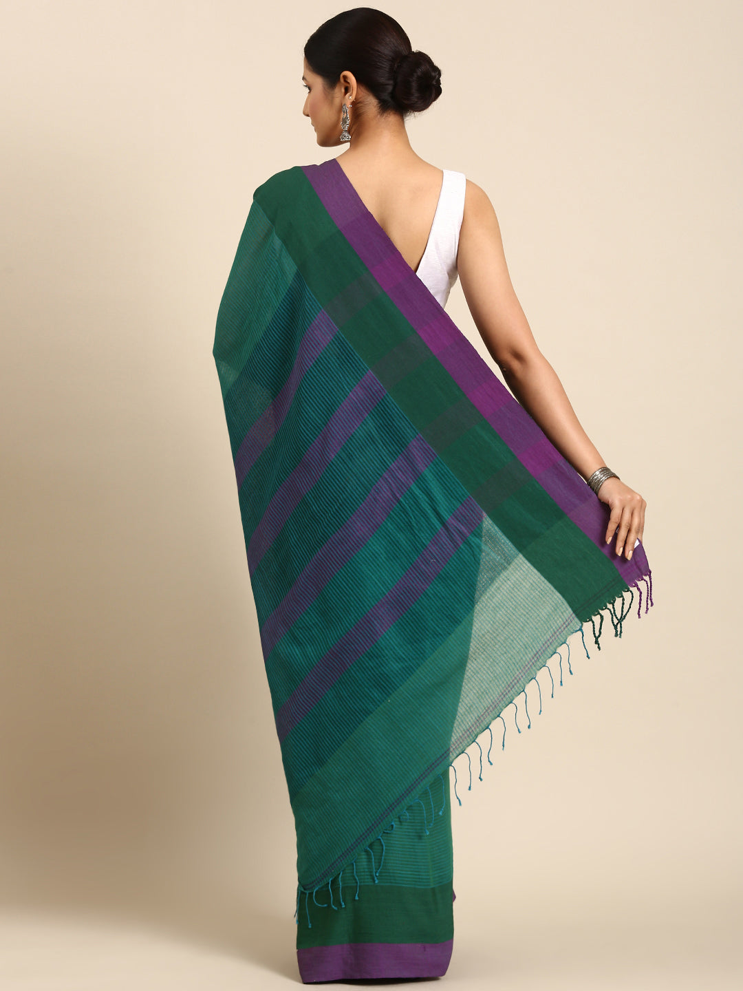 Green Purple Striped Cotton Saree | SHOBITAM