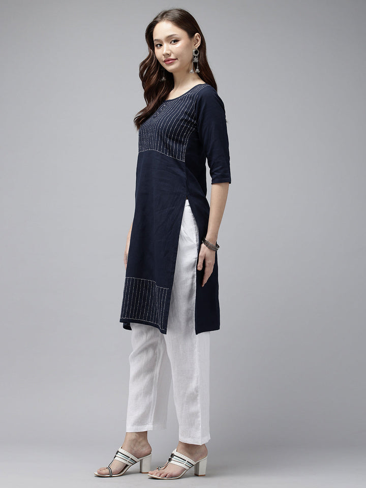Navy Kantha Cotton Kurta | SHOBITAM