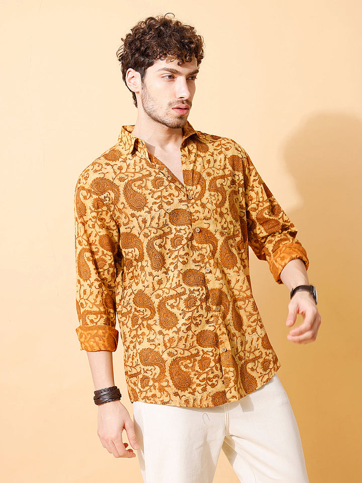 Haldi Gold Ajrakh Full Sleeve Cotton Shirt in Mustard for Men