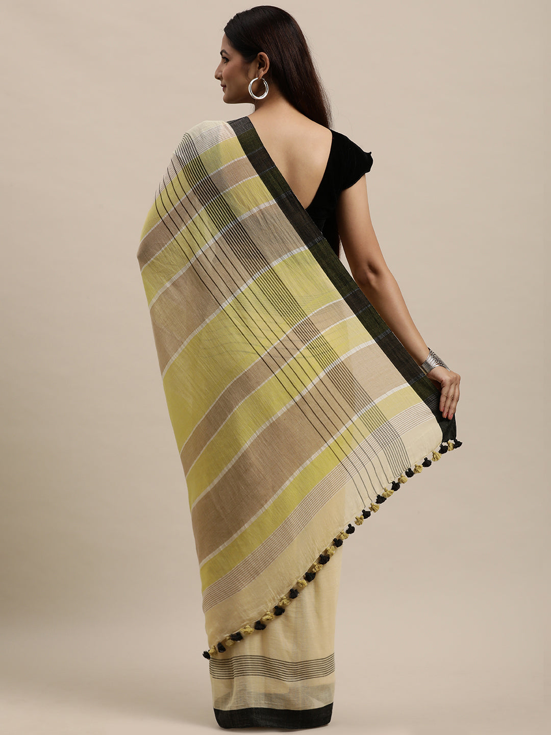 Yellow Cream Colour Block Cotton Saree with pompoms