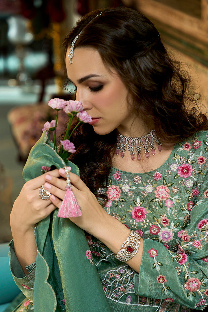 Green Solid Embroidered Straight Kurta Palaazo with Dupatta | SHOBITAM