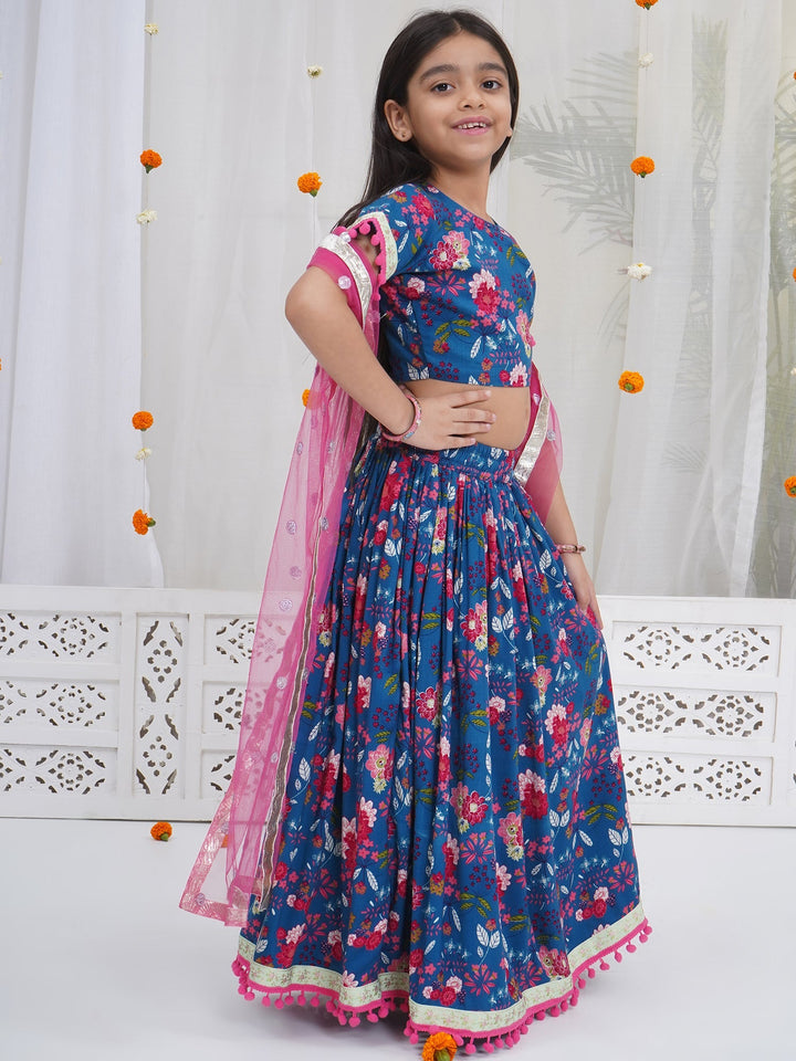 Girls Royal Blue Cotton Phoolon ki Bahar Lehenga Set | SHOBITAM
