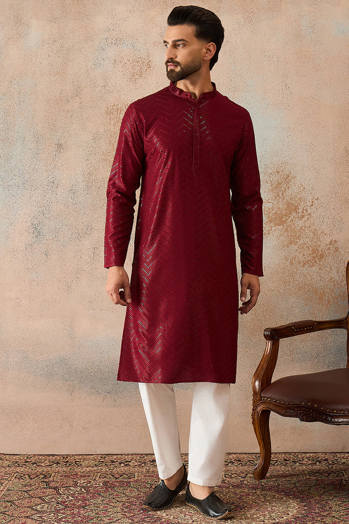 Maroon Rayon Embroidered Straight Kurta | SHOBITAM
